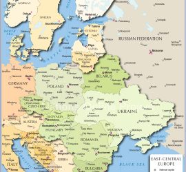 The map shows Central and Eastern Europe and surrounding countries with international borders, national capitals, major cities and major airports. You are free to use the above map for educational and similar purposes; if publishing, please credit Nations Online Project as the source.